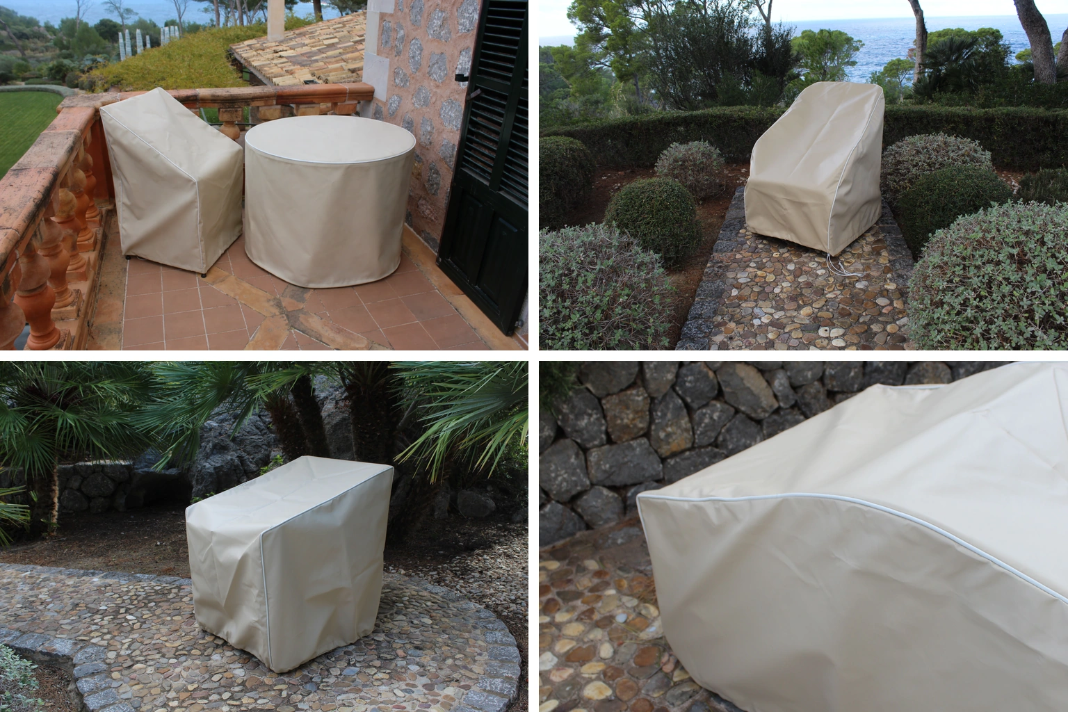 Custom-fitted Outdoor Armor covers protecting outdoor furniture pieces in different settings